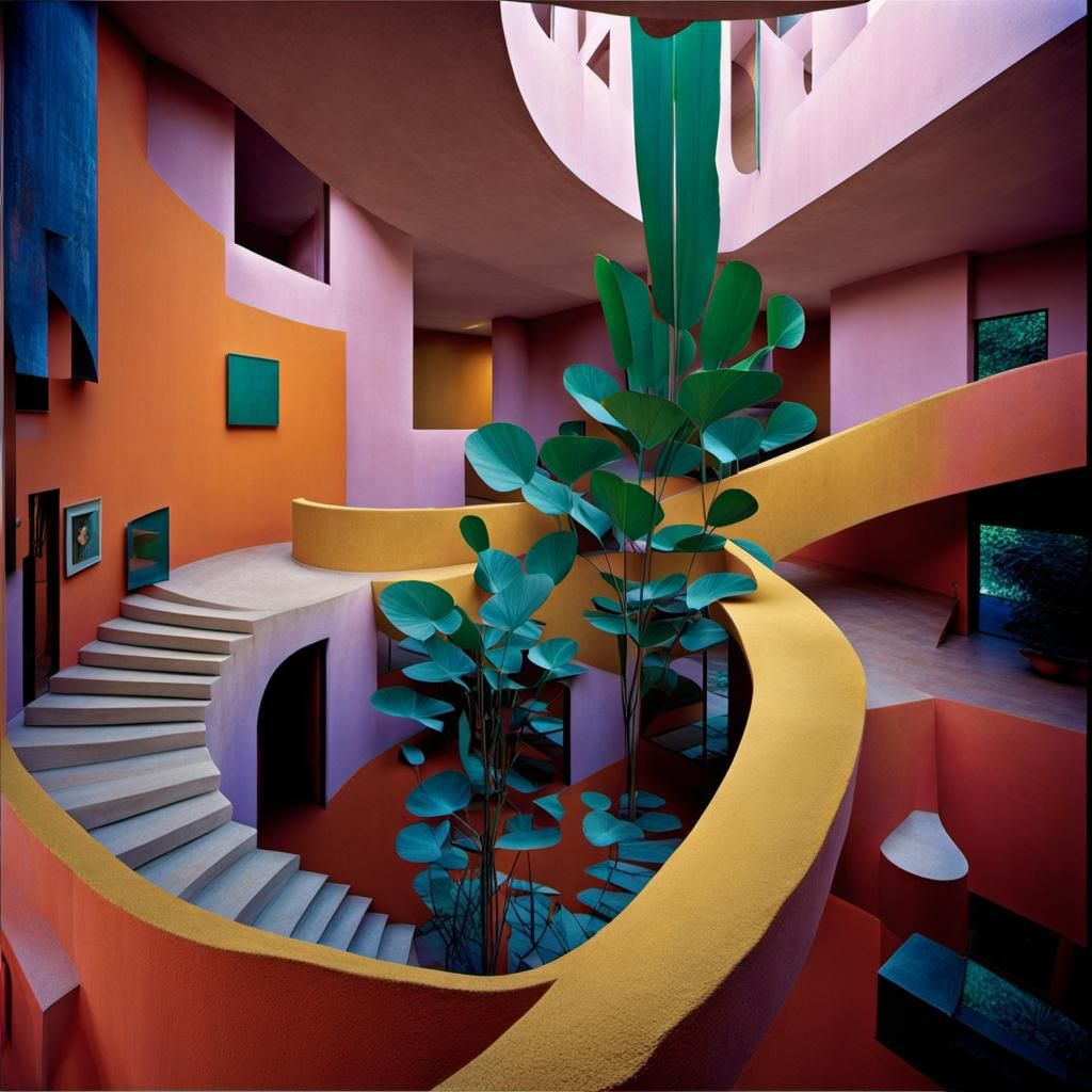 Modernist Interior with Glass Walls and Stairs