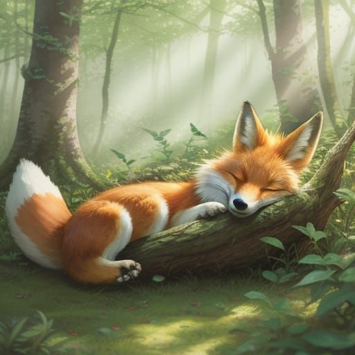 Sleeping Fox in Dreamy Watercolor Forest