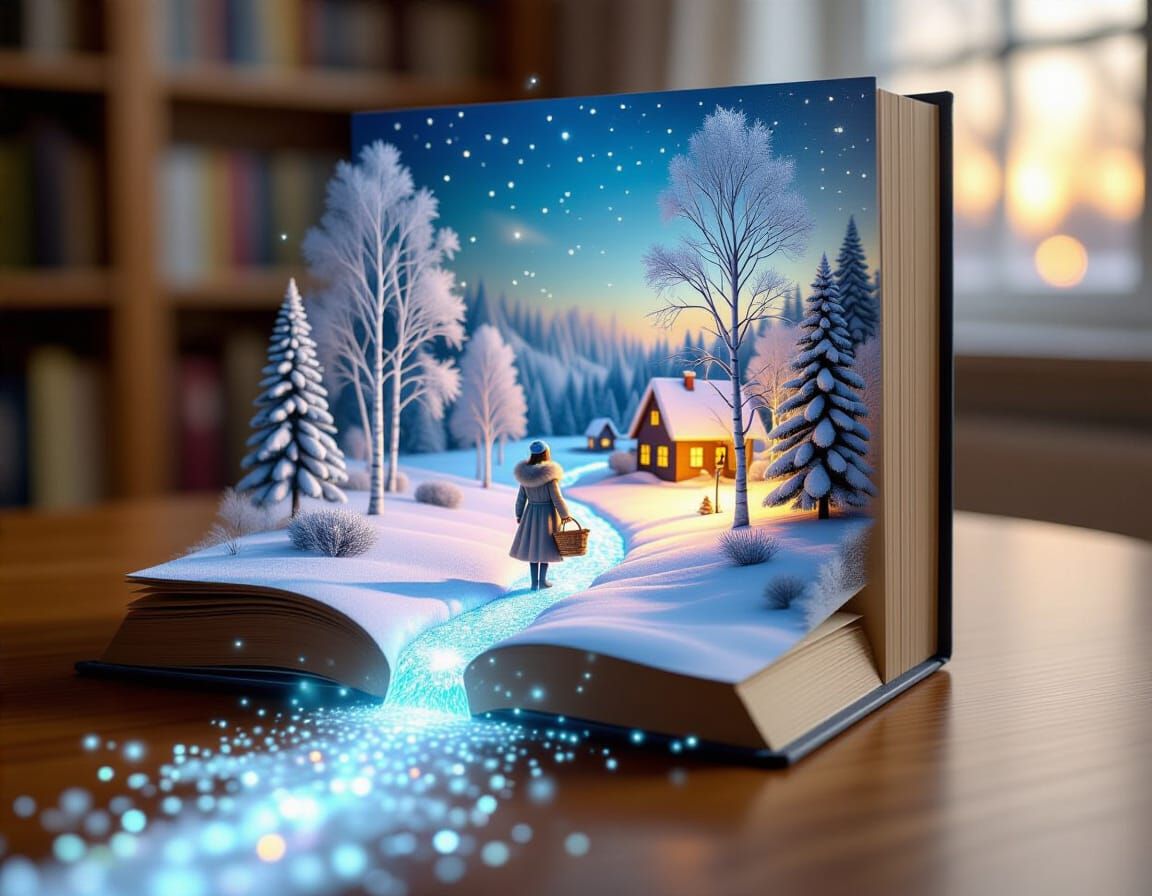 Holographic Book Scene With Snowy Landscape