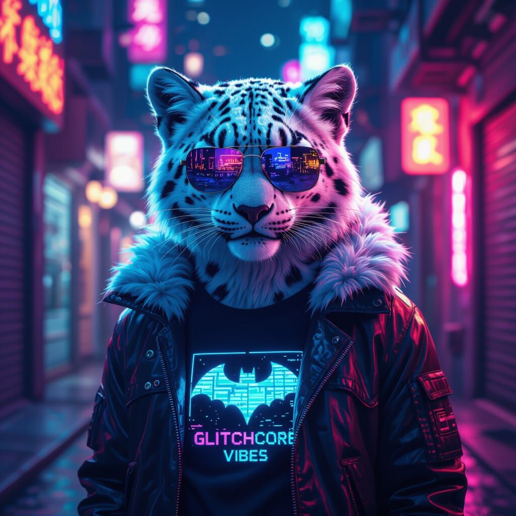 Snow Leopard Glitchcore in a Neon Alleyway
