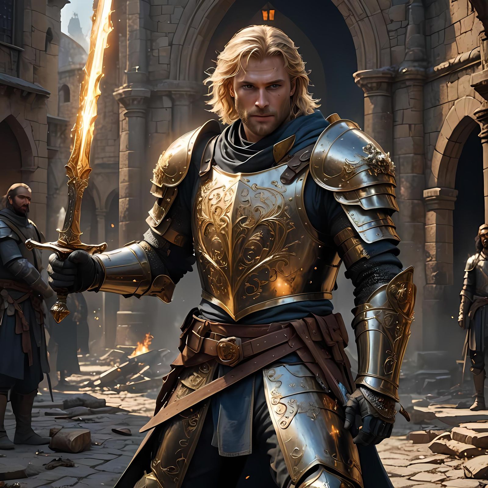 Knight in Gold Armor with Flaming Sword