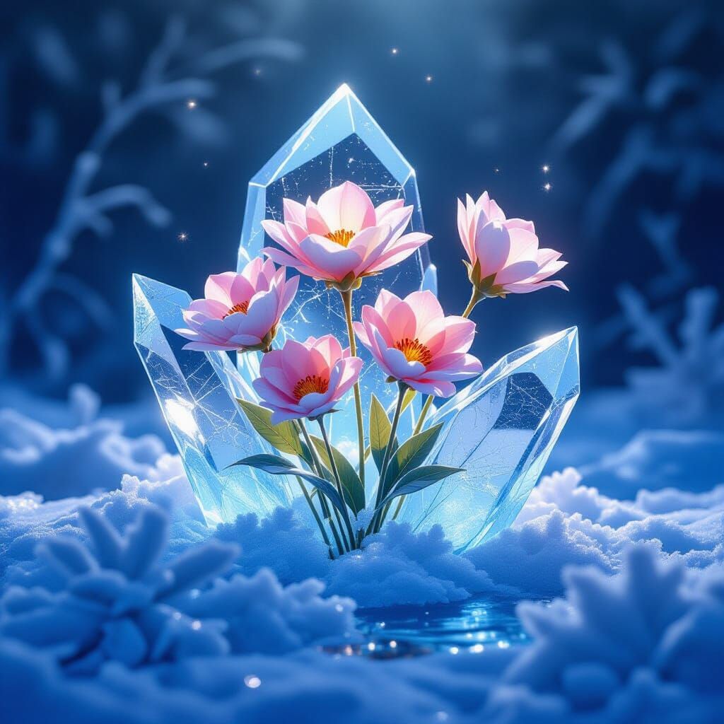Radiant Flowers Emerge from Icy Shard in Ethereal Digital Ar...