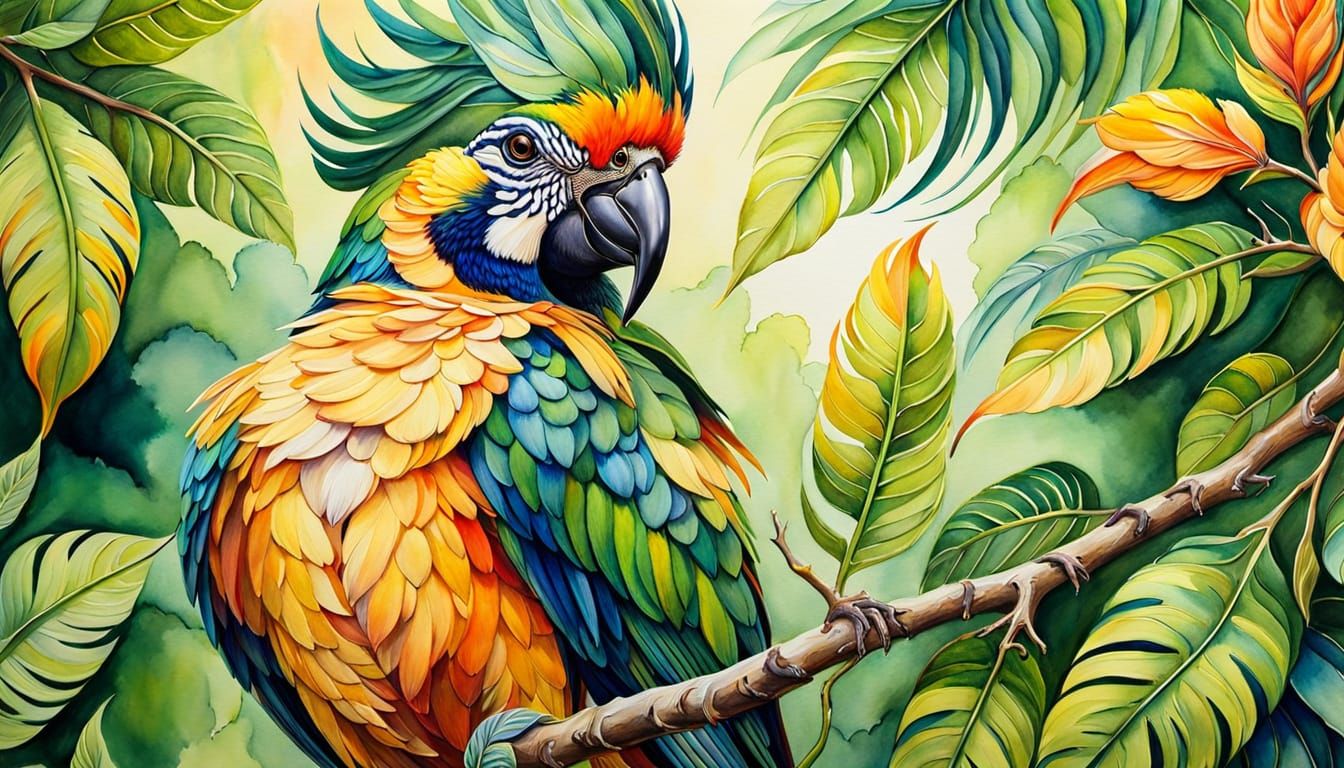 Exotic Bird in Nature: Fauvist Watercolor Painting