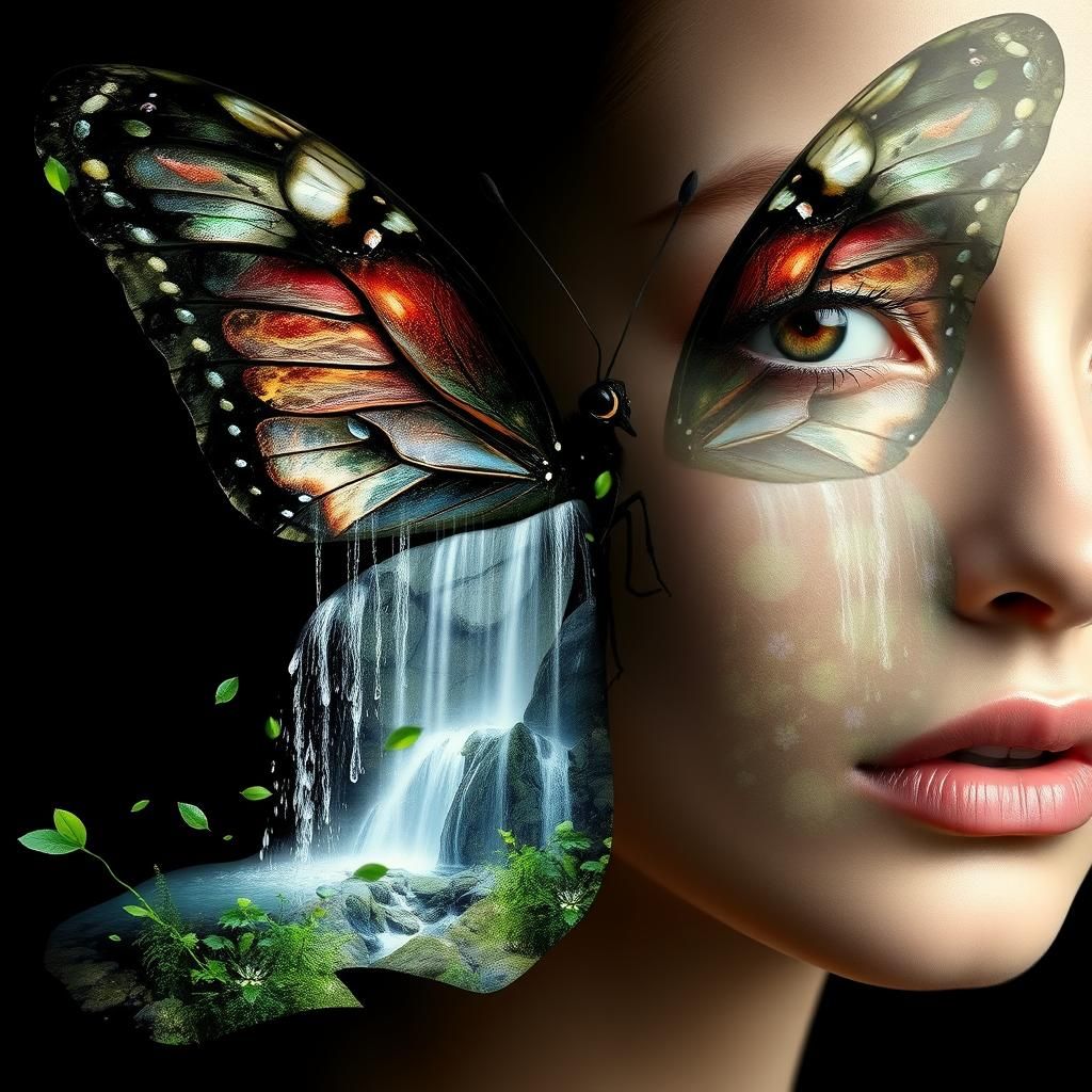 Woman and Butterfly Merge with Waterfall, Digital Art