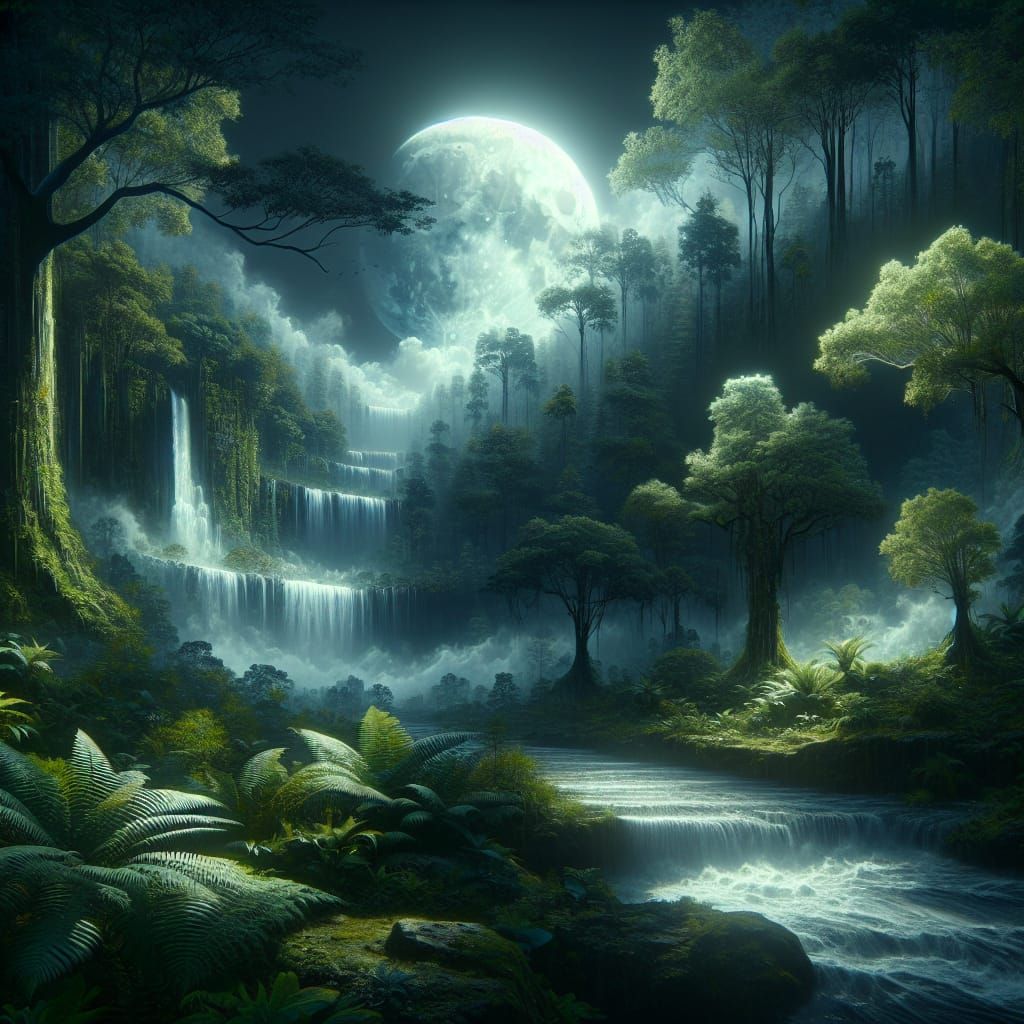 Moonlit Forest Fantasy Concept Art with Hidden Waterfalls