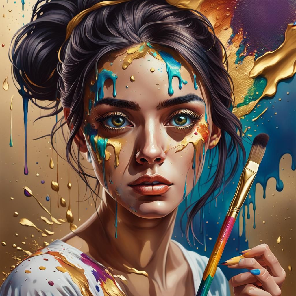 Dreamlike Portrait of Young Woman with Paintbrush