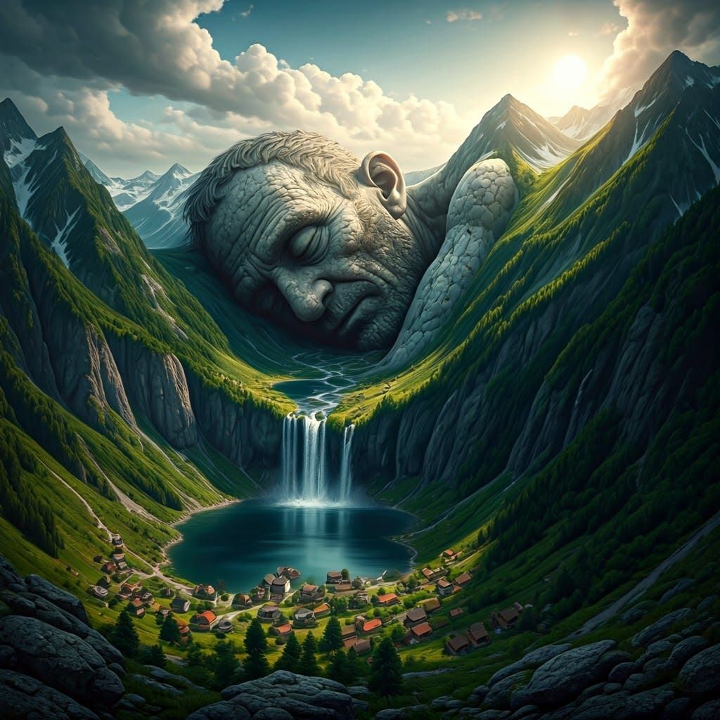 Surreal Mountain Troll Landscape in Photorealistic Style