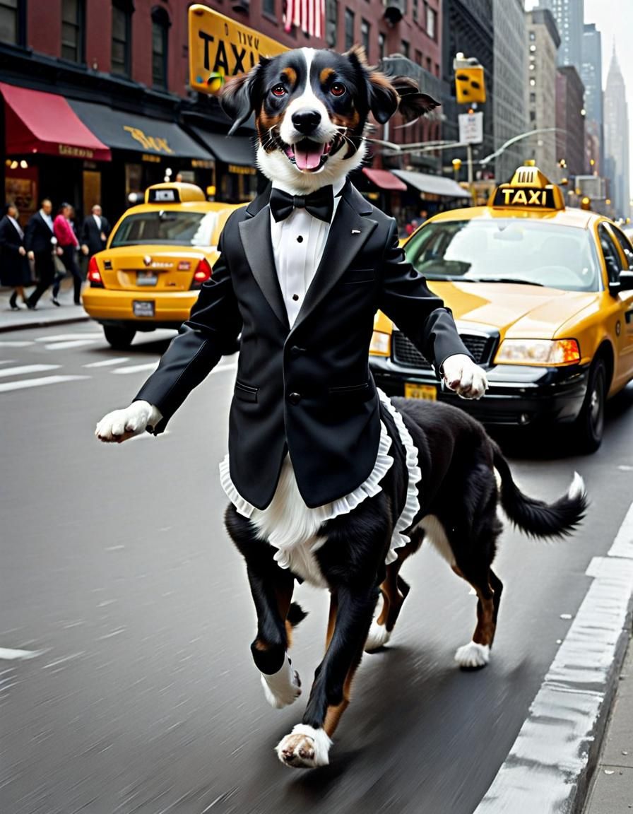 Tuxedo Dog Chasing Taxi in New York