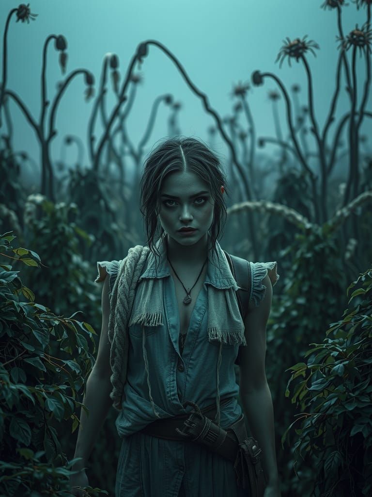 Post-Apocalyptic Woman in Overgrown Ruins