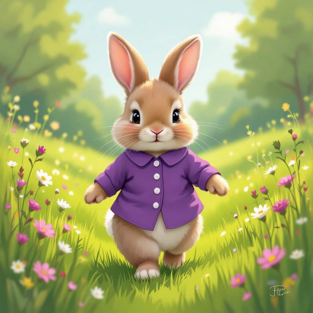 Bunny in Purple Shirt Walks Through Meadow