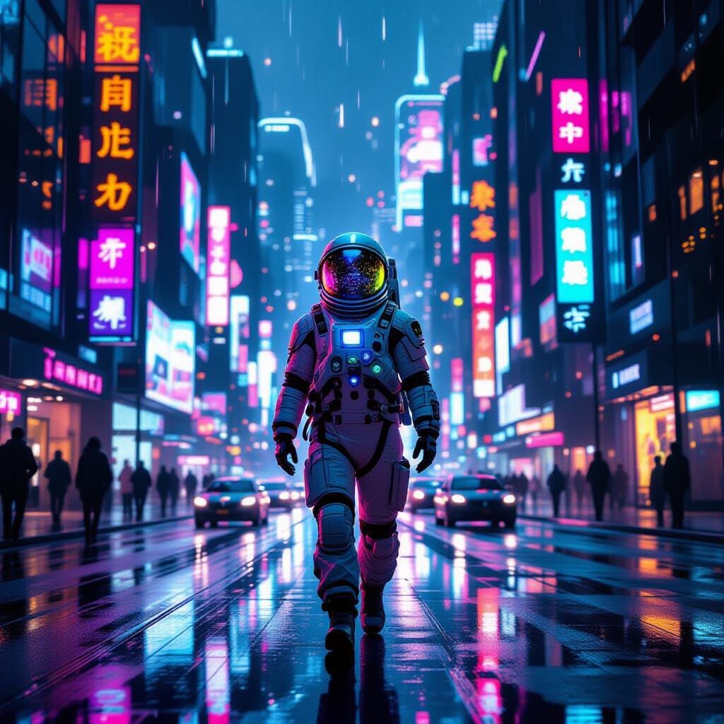 Astronaut in Neon Cityscape: Cyberpunk and Cosmic Exploratio...