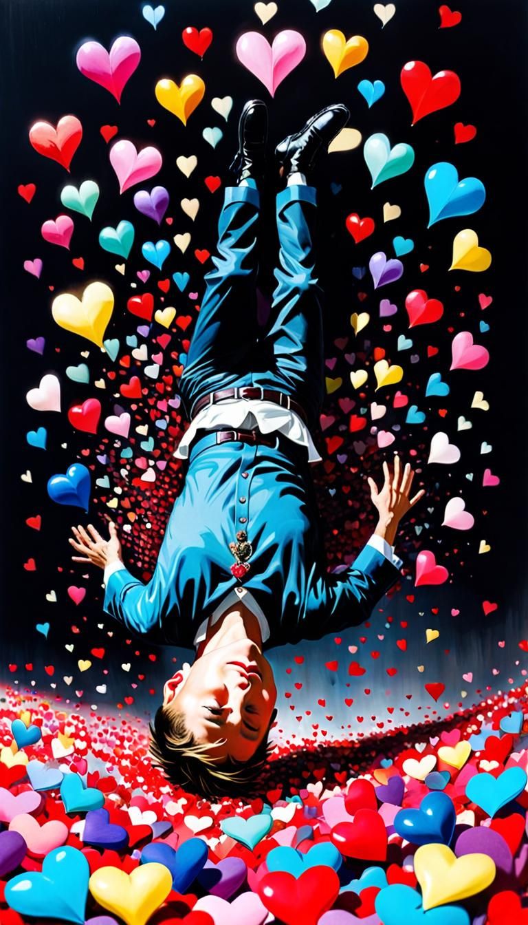 Small Man Falling Toward Colorful Hearts, Alcohol Ink Art