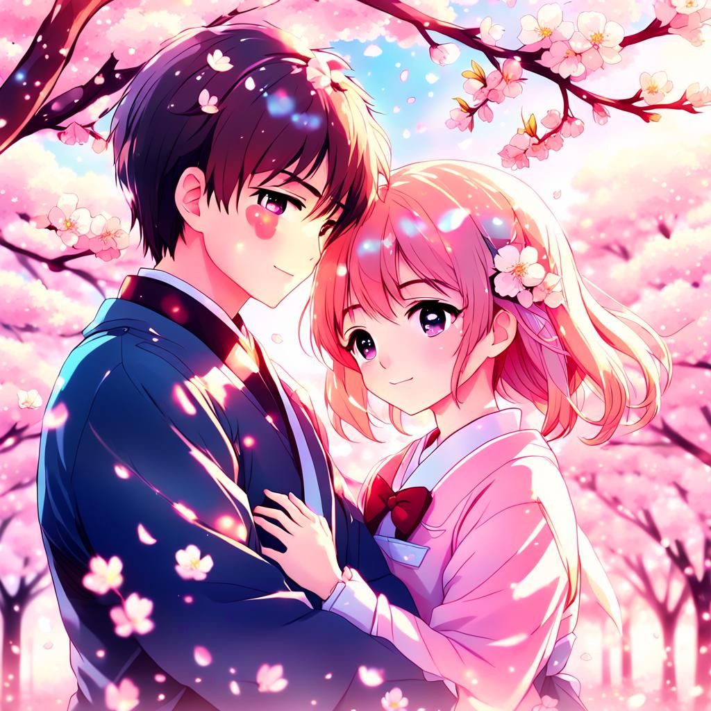 Romantic Anime Couple Embrace Under Cherry Blossoms