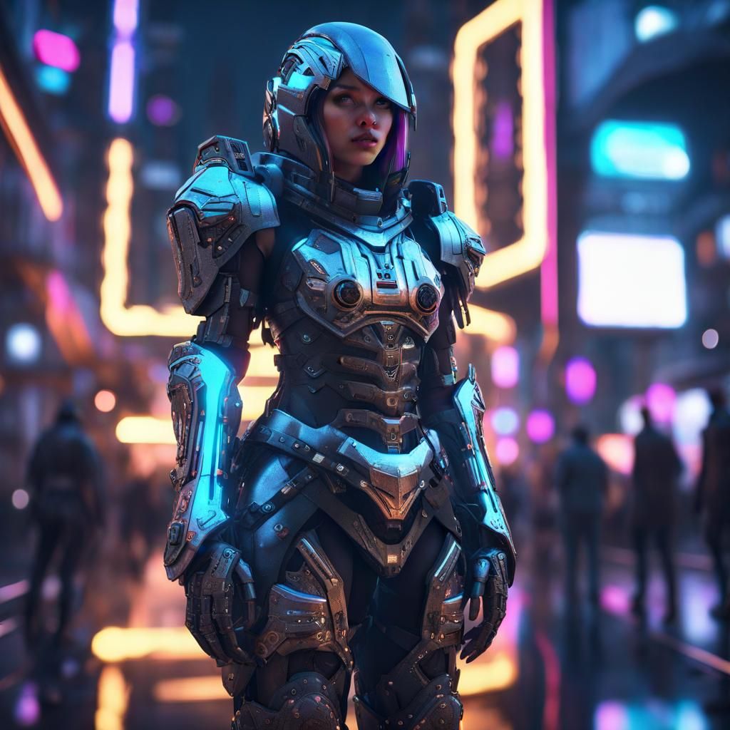 Girl in Sci-Fi Gothic Armor in Neon City