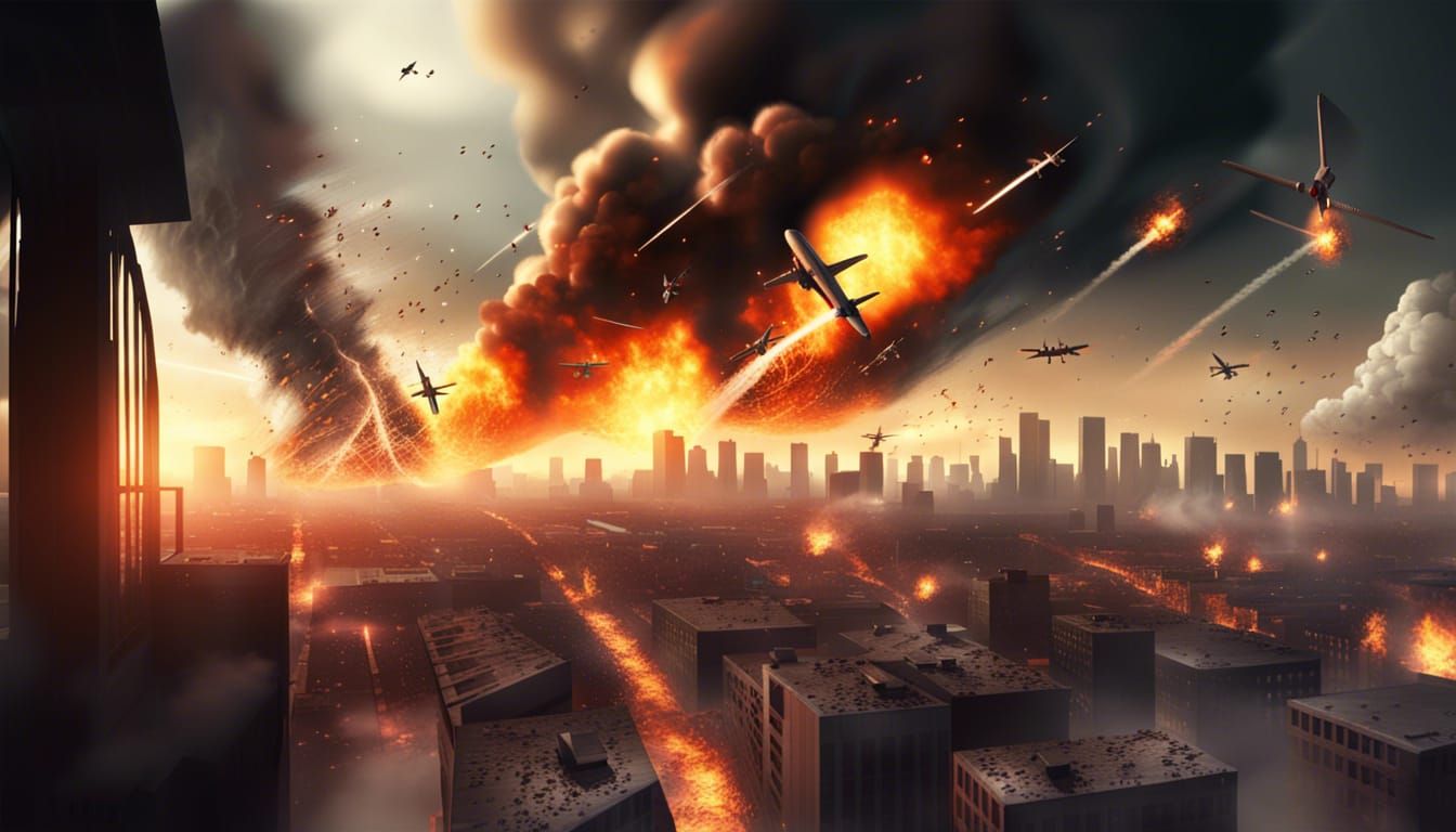 Apocalyptic Cityscape with Falling Planes and Meteors