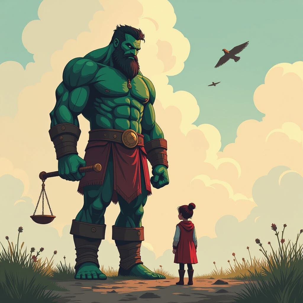 Giant vs Miniature Figures in Stylized Vibrant Scene