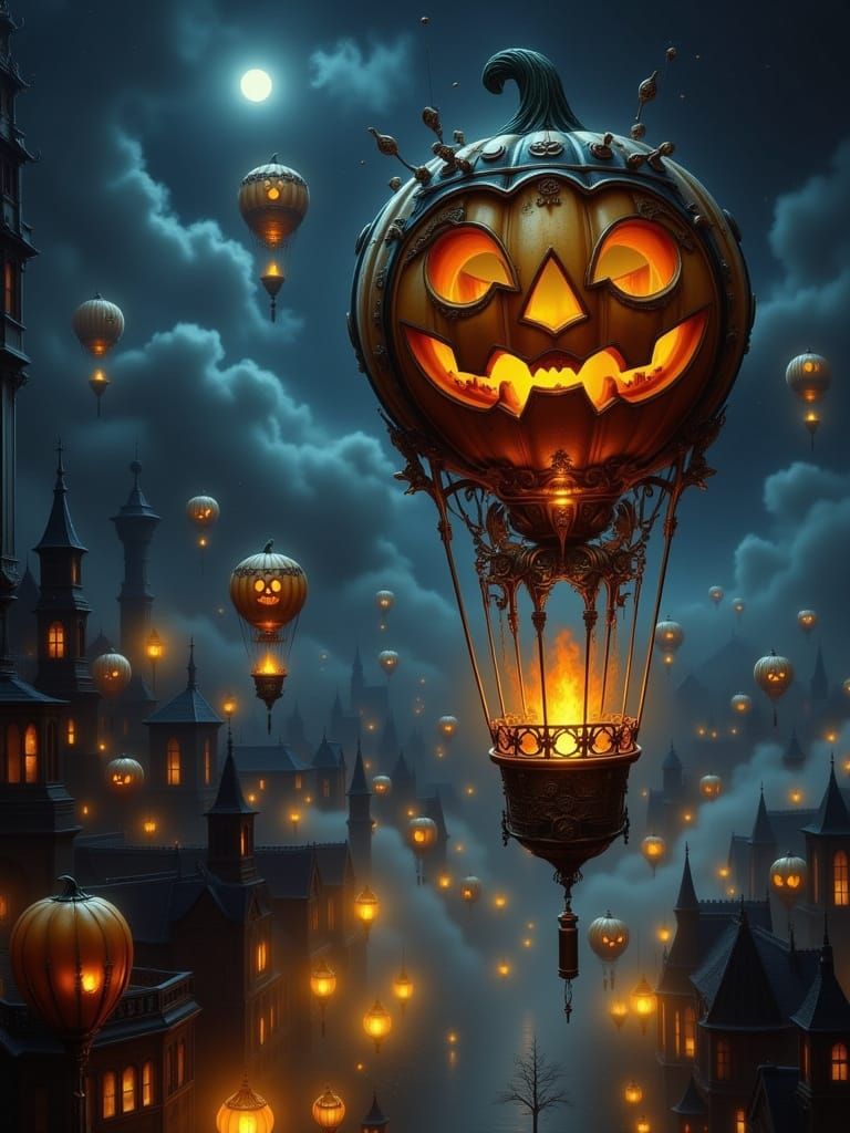 Steampunk Jack-o'-Lantern Balloons in Dreamlike Night Sky