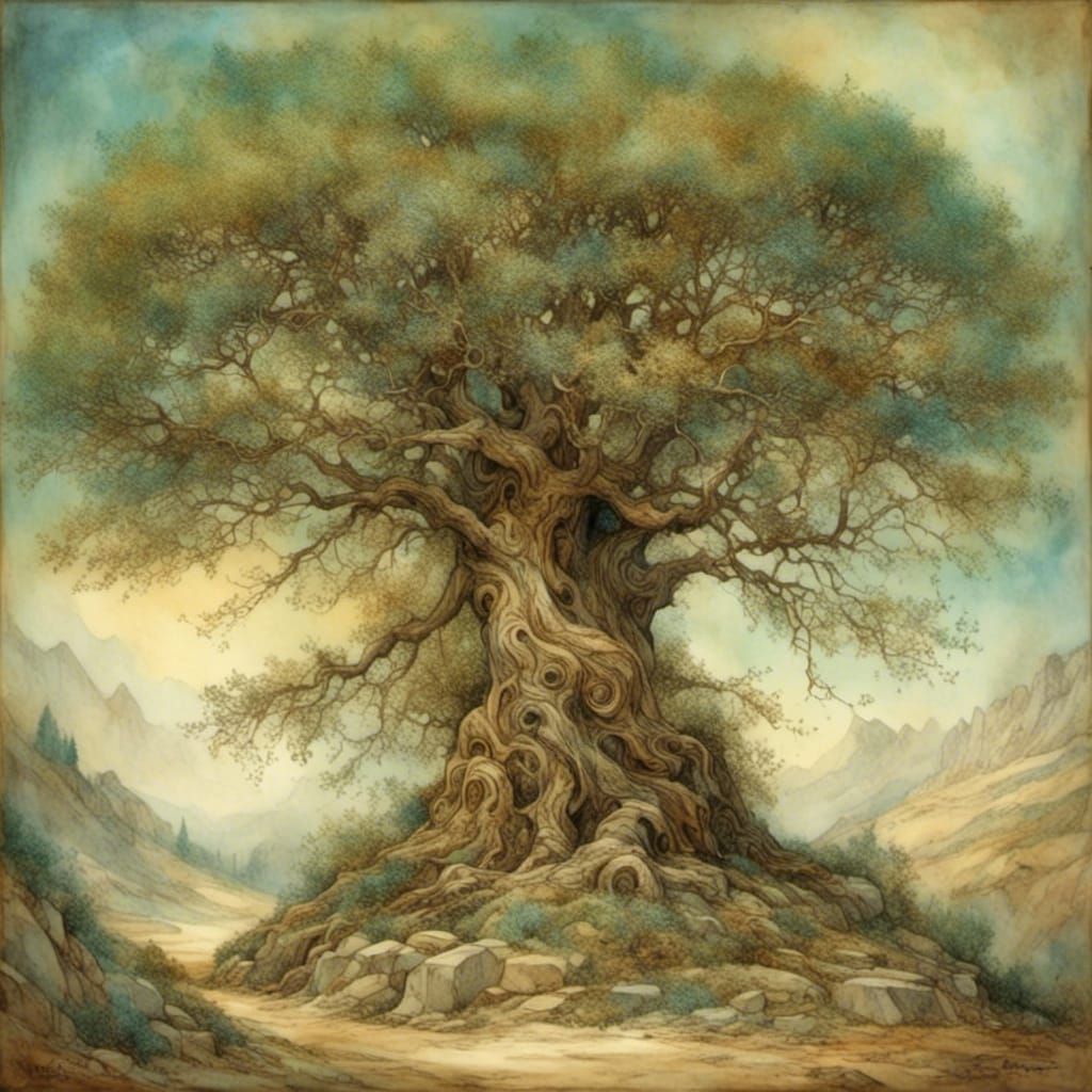 Wide-Eyed Ancient Tree in a Dreamlike World