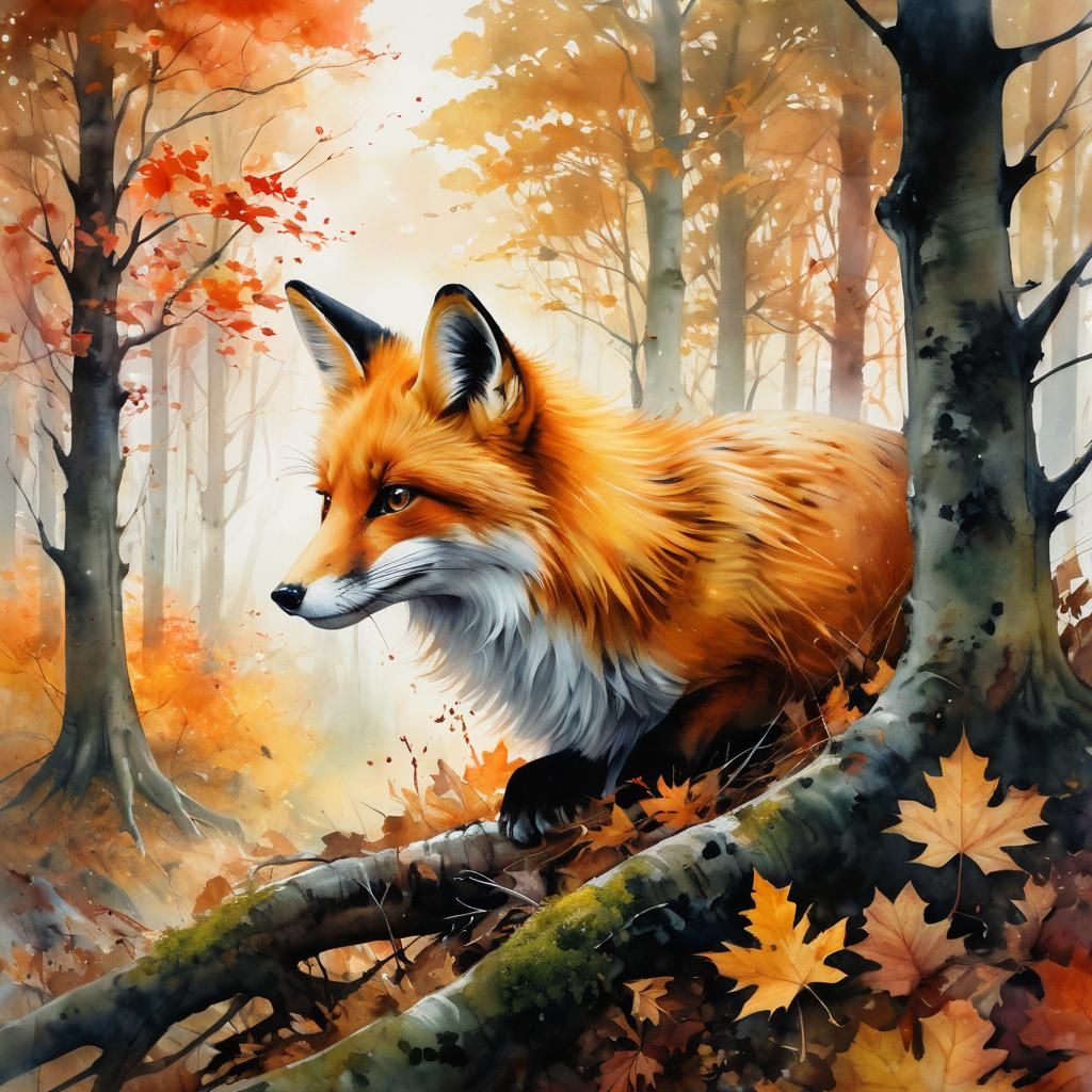 Fox in Autumnal Forest Watercolor Landscape