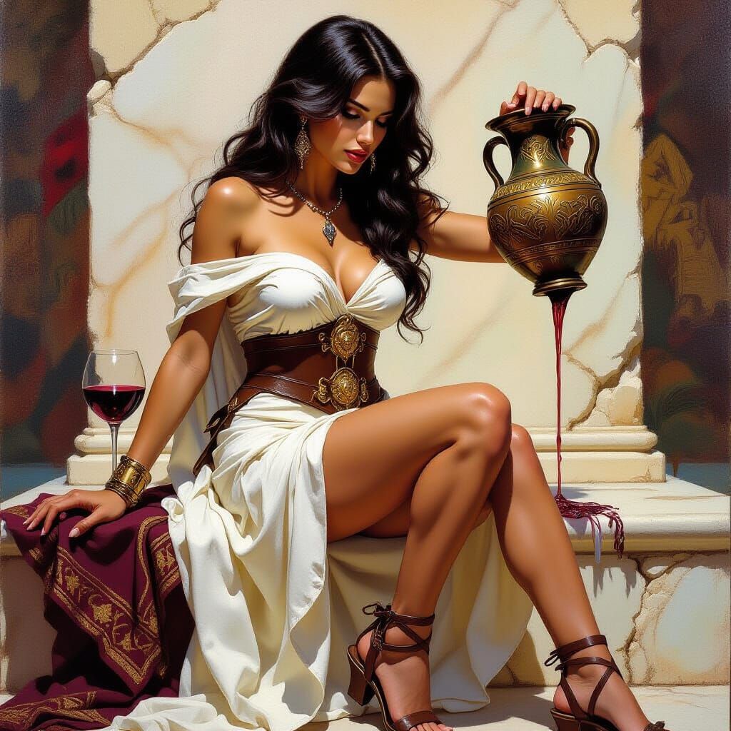 Woman Pouring Wine in Fantasy Oil Painting Style
