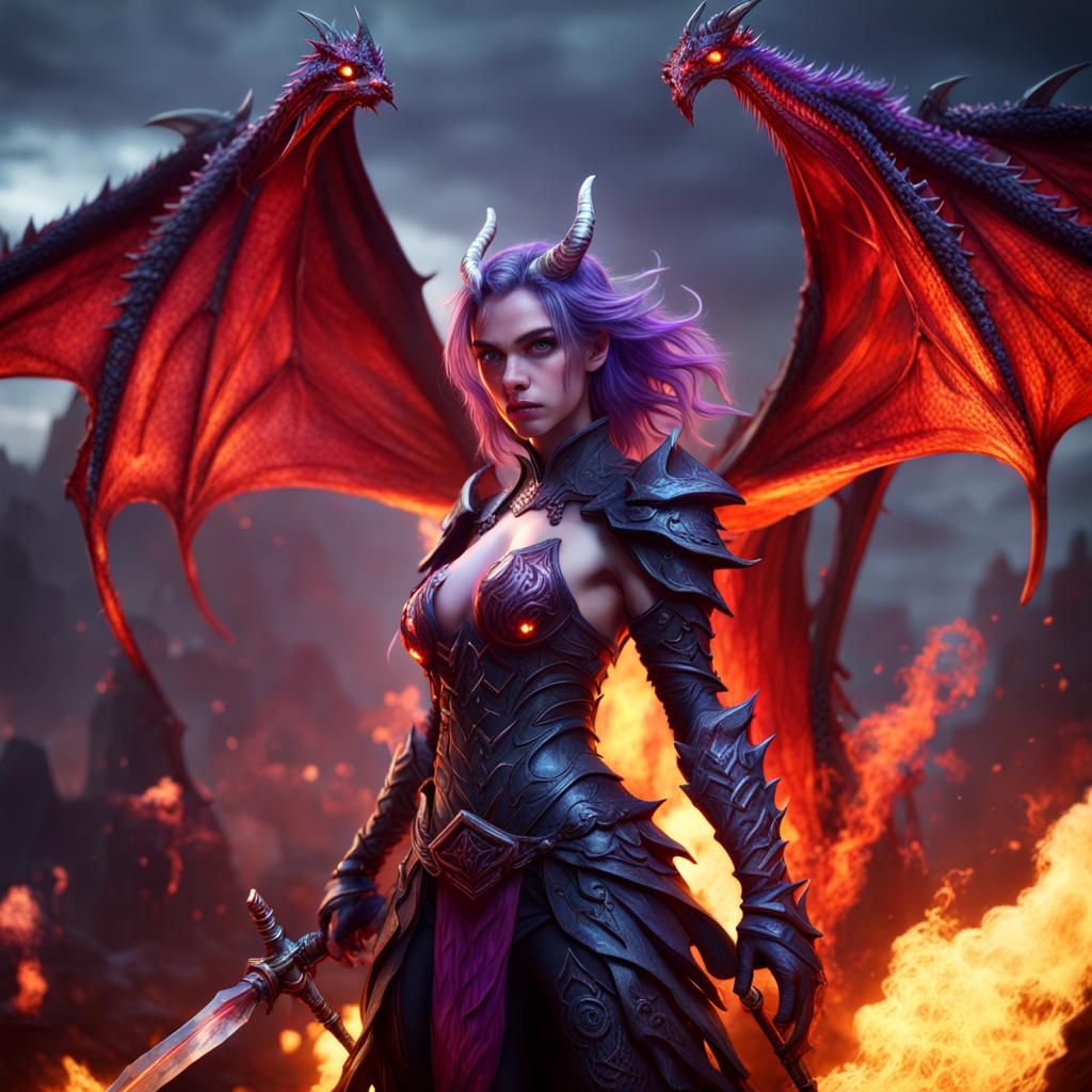 Dragon Demon Girl with Fire and Sword