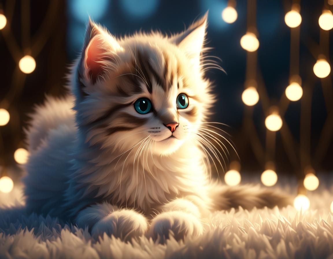 Fluffy Kitten Playing in String Lights: Ethereal Fantasy