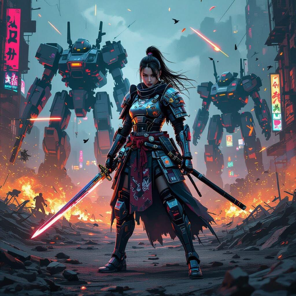 Cybernetic Samurai Warrior on Mech Battlefield