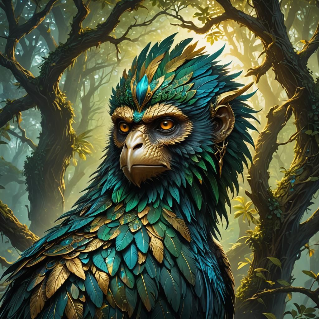 Monkey-Eagle Hybrid Creature in Bioluminescent Fantasy Art
