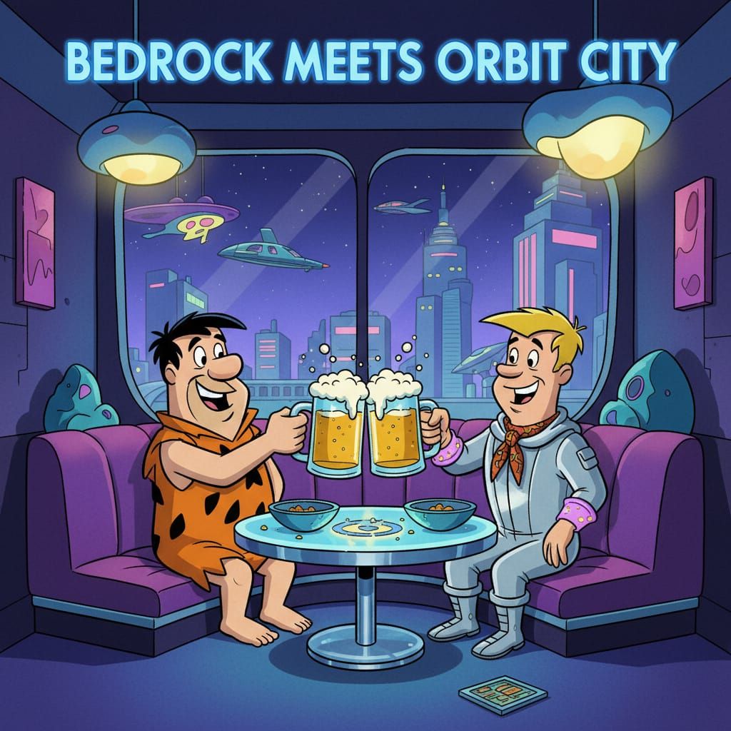 Fred Flintstone & George Jetson Enjoy Beers in Future Lounge