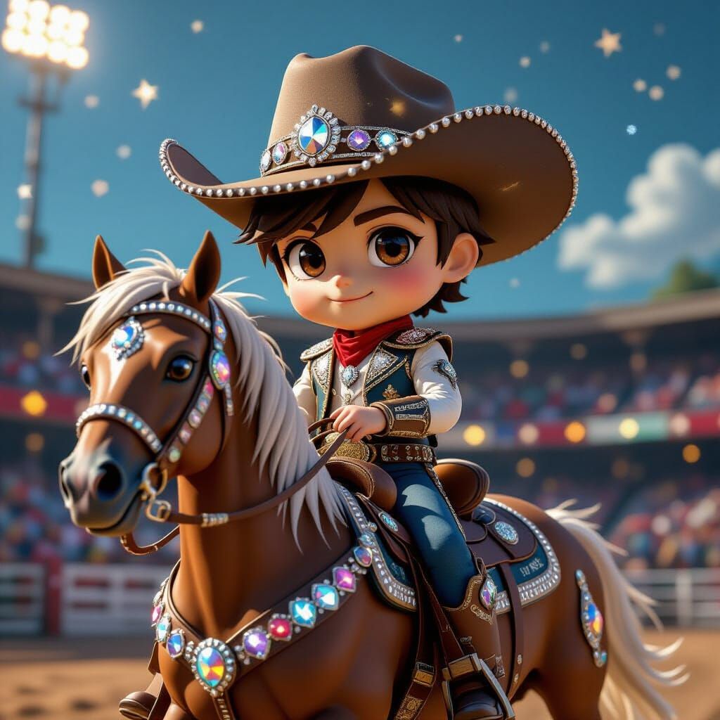 Chibi Cowboy Rides Rhinestone Horse in Starry Rodeo
