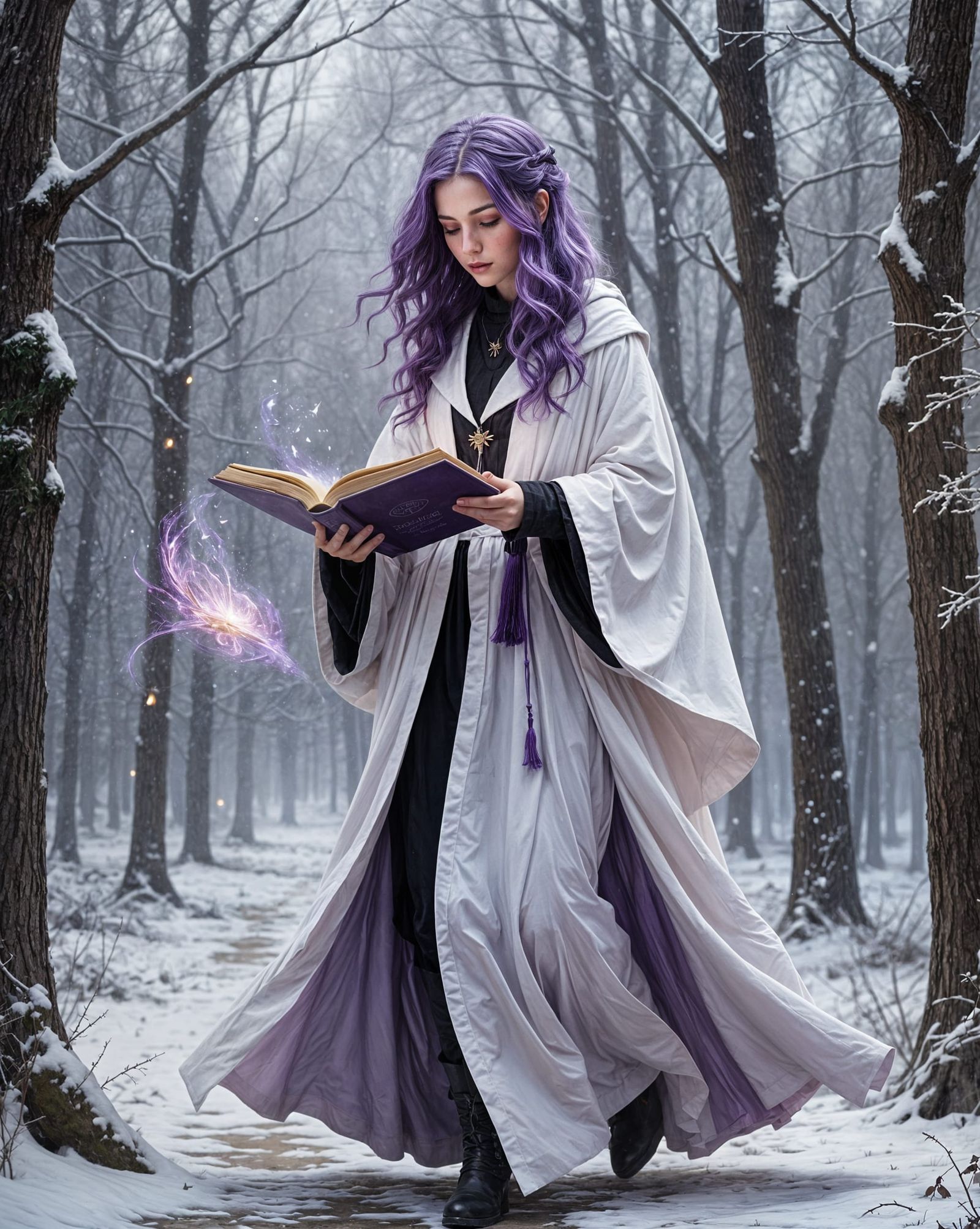 Young Witch Reads Magic Book in Winter Landscape