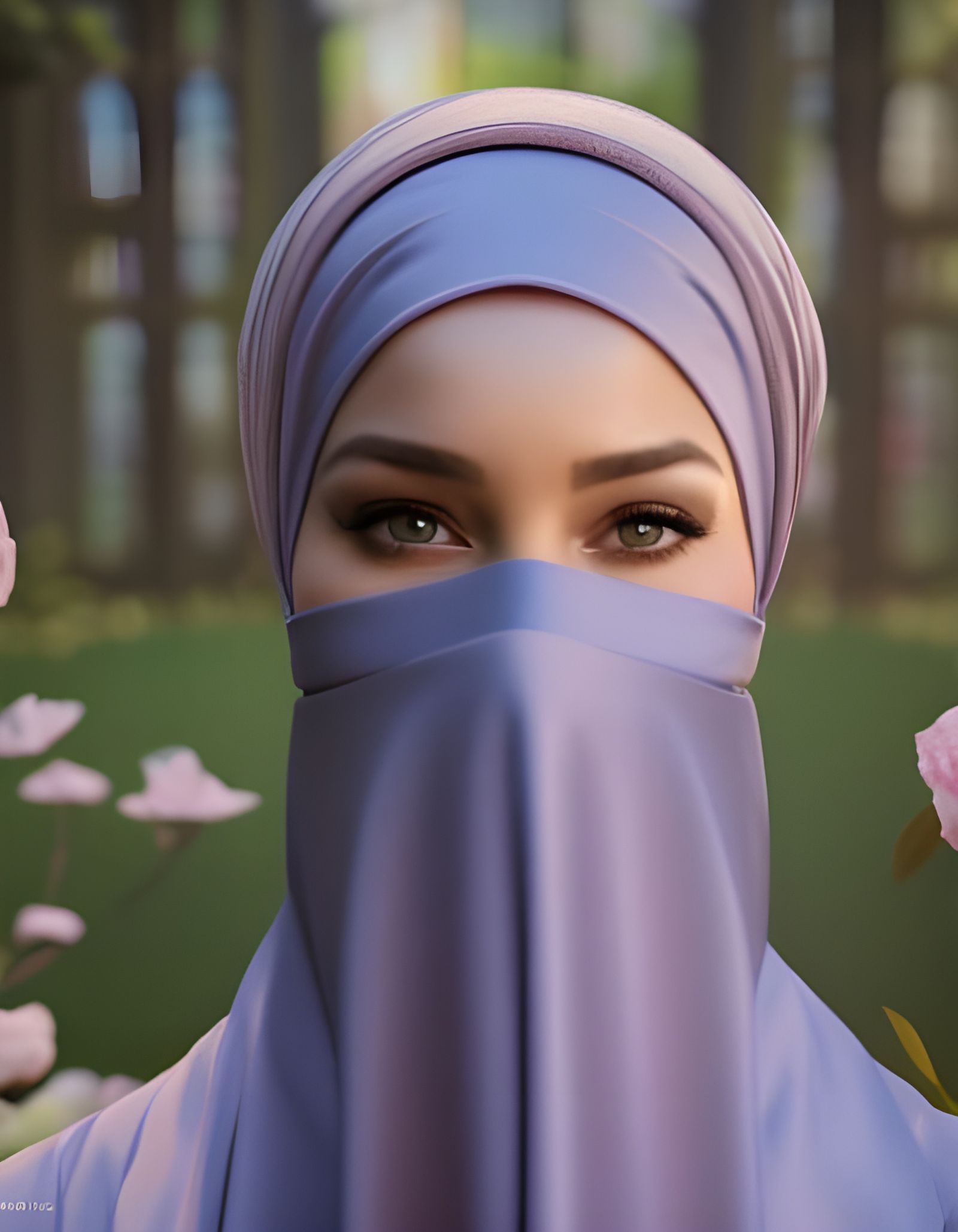 Woman in Hijab: Detailed Matte Painting in Garden