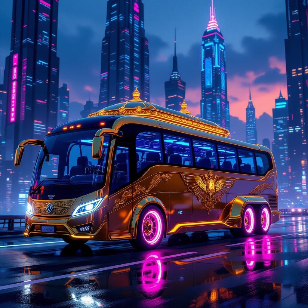 Golden Chariot Bus in Cyberpunk Metropolis