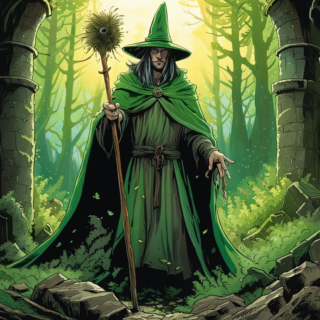 Gaelic Magician in Castle Ruins, Comic Book Art