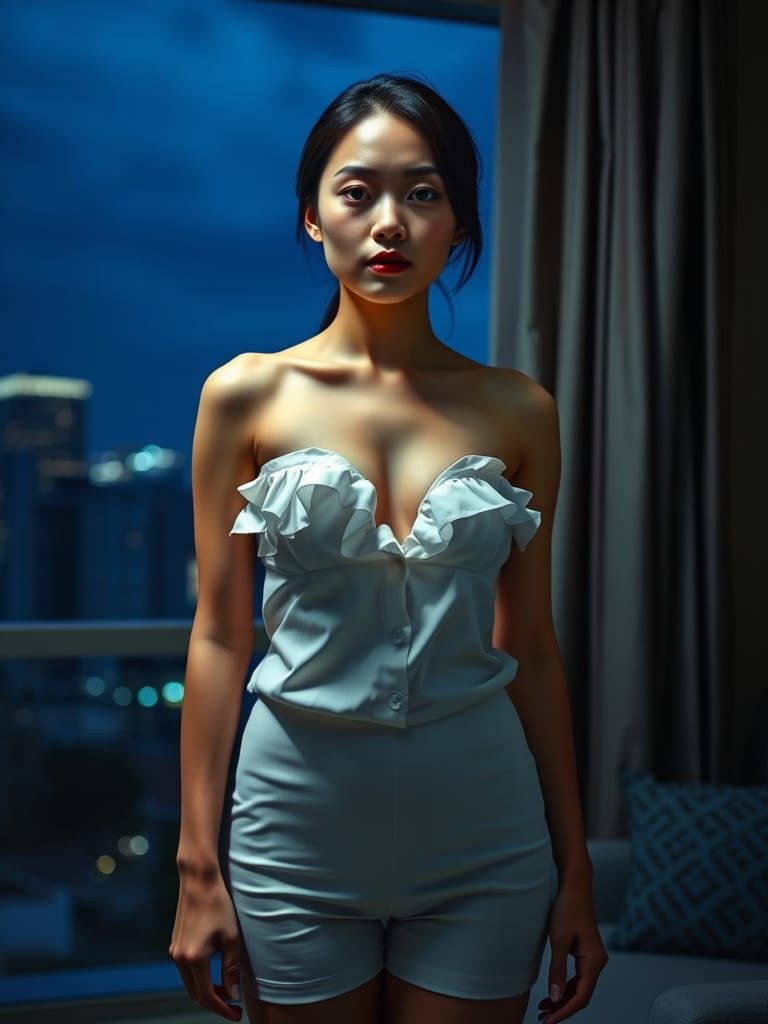 Elegant Vietnamese Woman in Strapless Top Amidst Night Sky