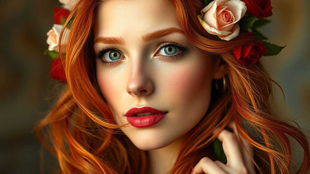 Renaissance Woman with Fiery Red Hair and Roses