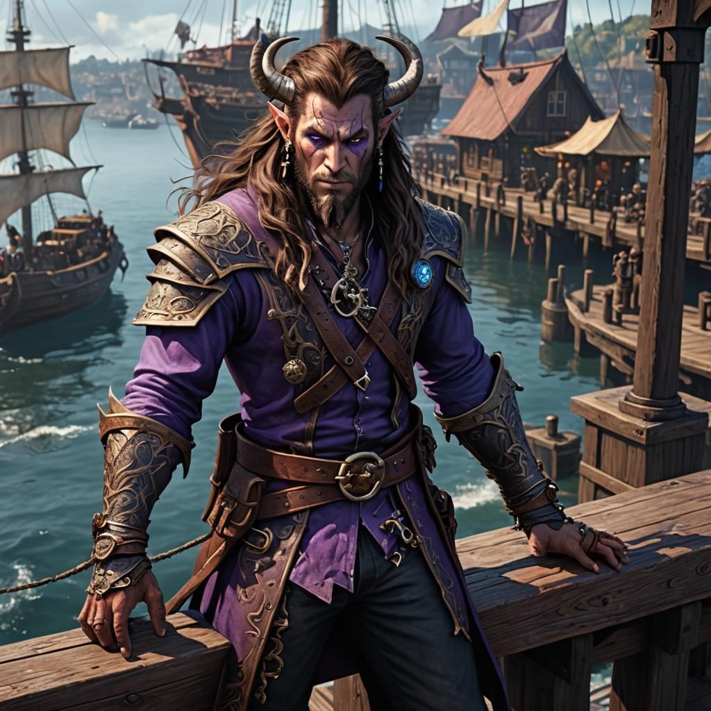 Tiefling Pirate Battlemage on Harbor Pier