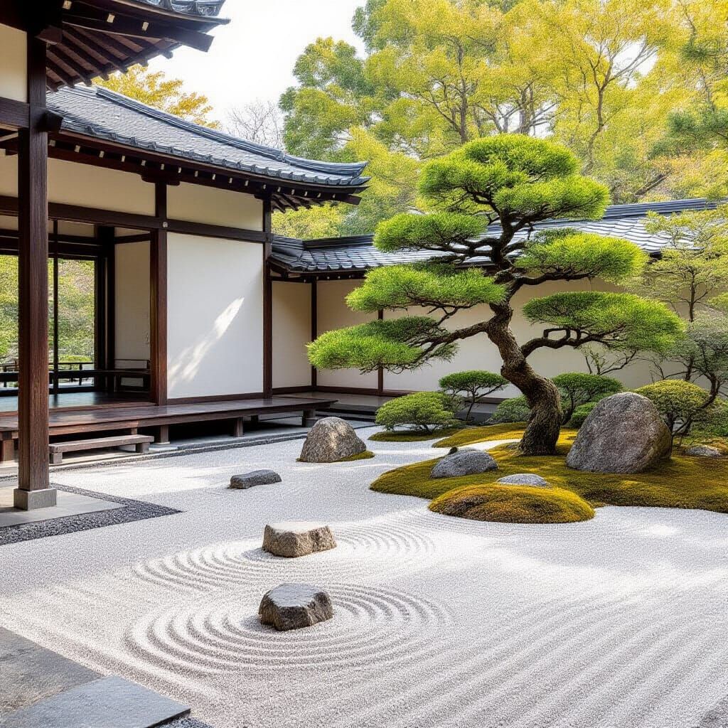 Minimalist Japanese Garden in Ink Wash Style