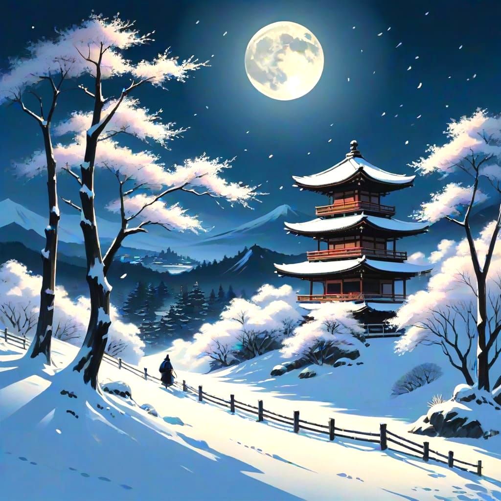 Ninja on Pagoda in Moonlit Winter Landscape