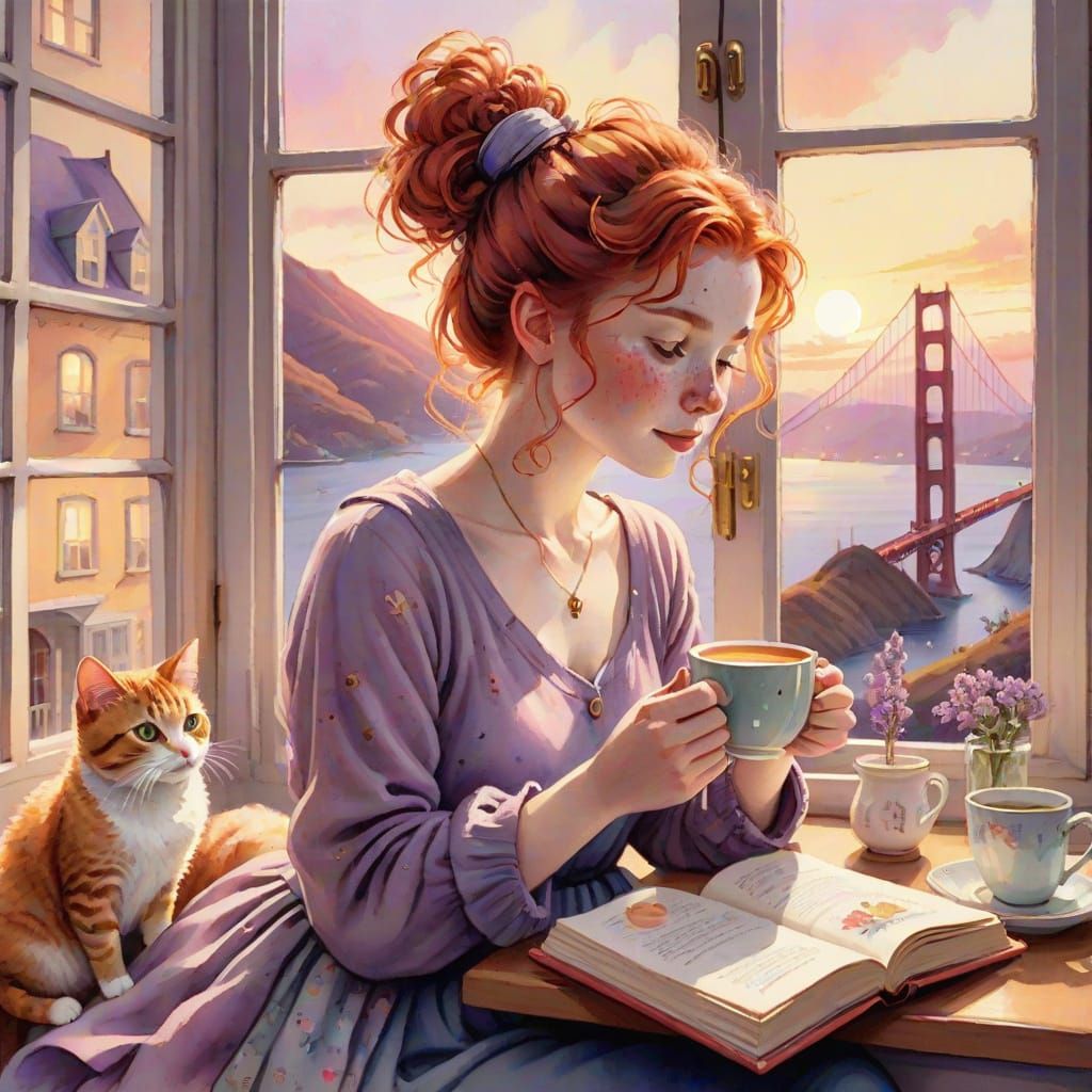 Whimsical Woman in Cozy Vintage Setting with Golden Gate Bri...