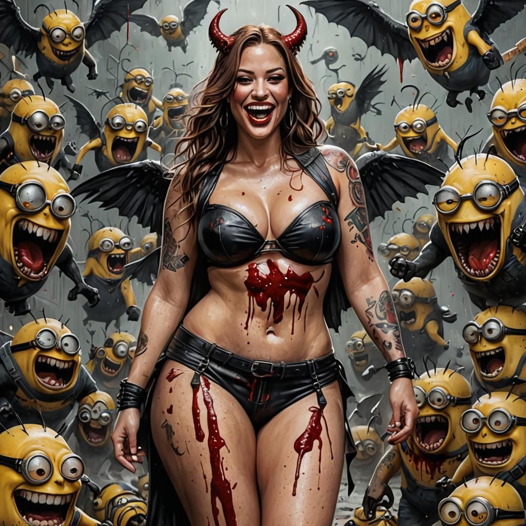 Gothic Winged Woman with Minions in Dark Fantasy Style