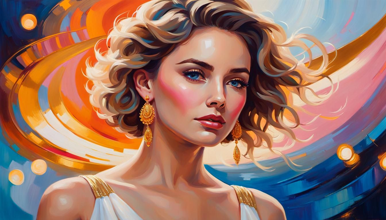 Glamorous Woman in Neon Waves Oil Painting in 8K Resolution