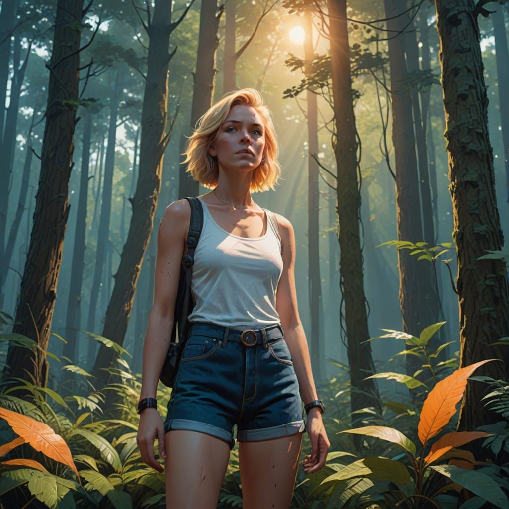 Surreal Woman Emerges in Golden Hour Forest