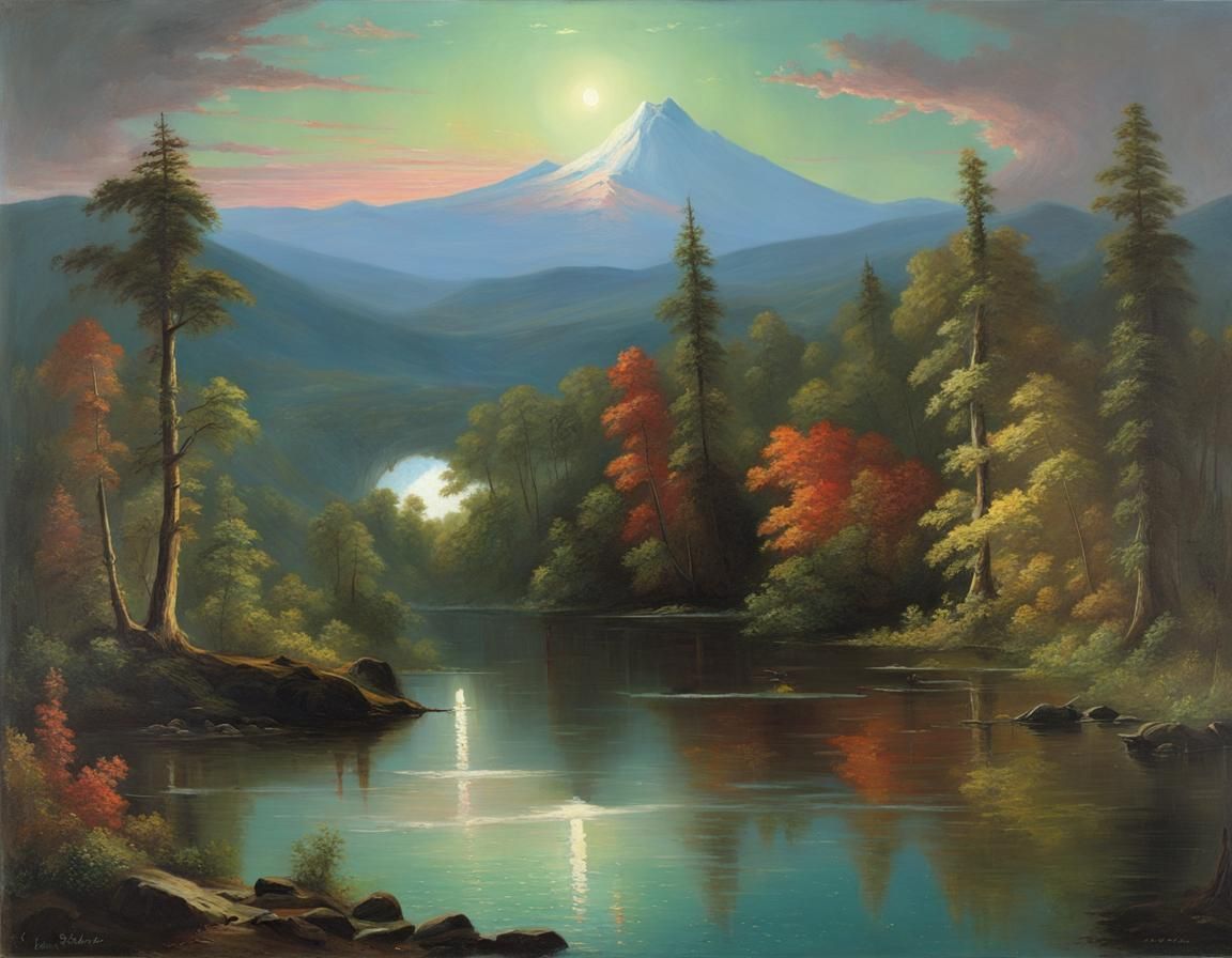 Lush Landscape Painting in Hudson River Style