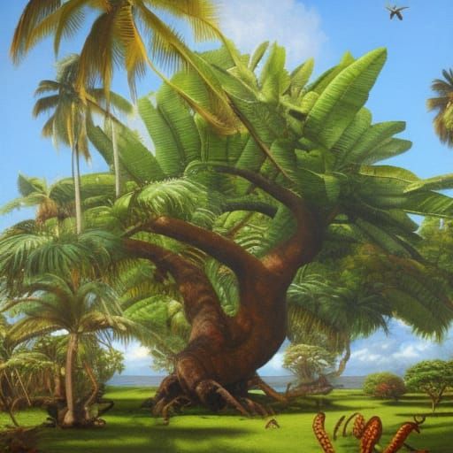 Lush Tropical Tree with Creatures, Oil Painting
