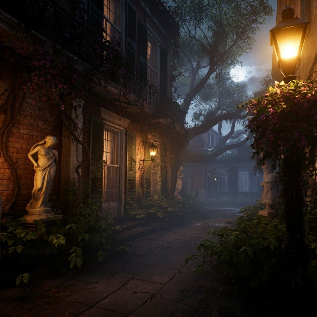 New Orleans Mansion Garden at Night in Dark Fantasy Style