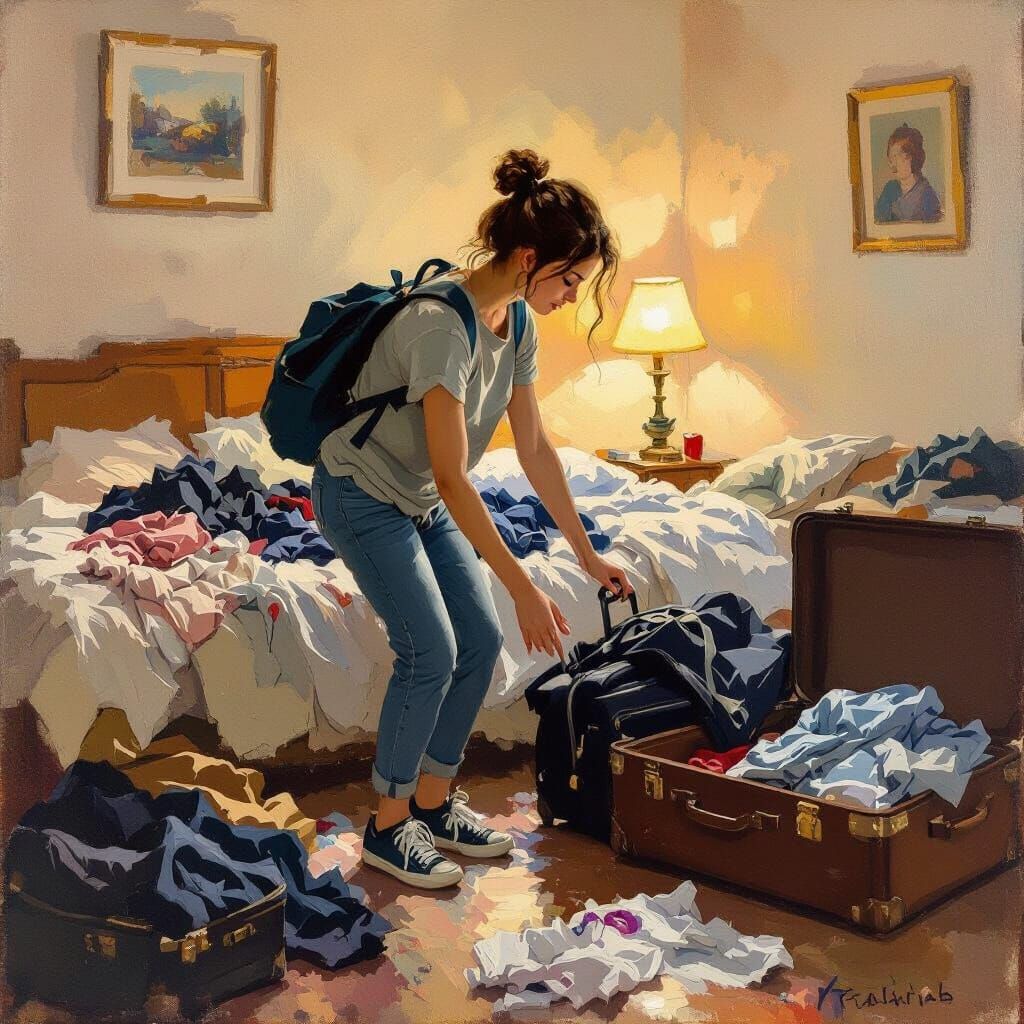 Young Woman Packing Luggage in Impressionist Style