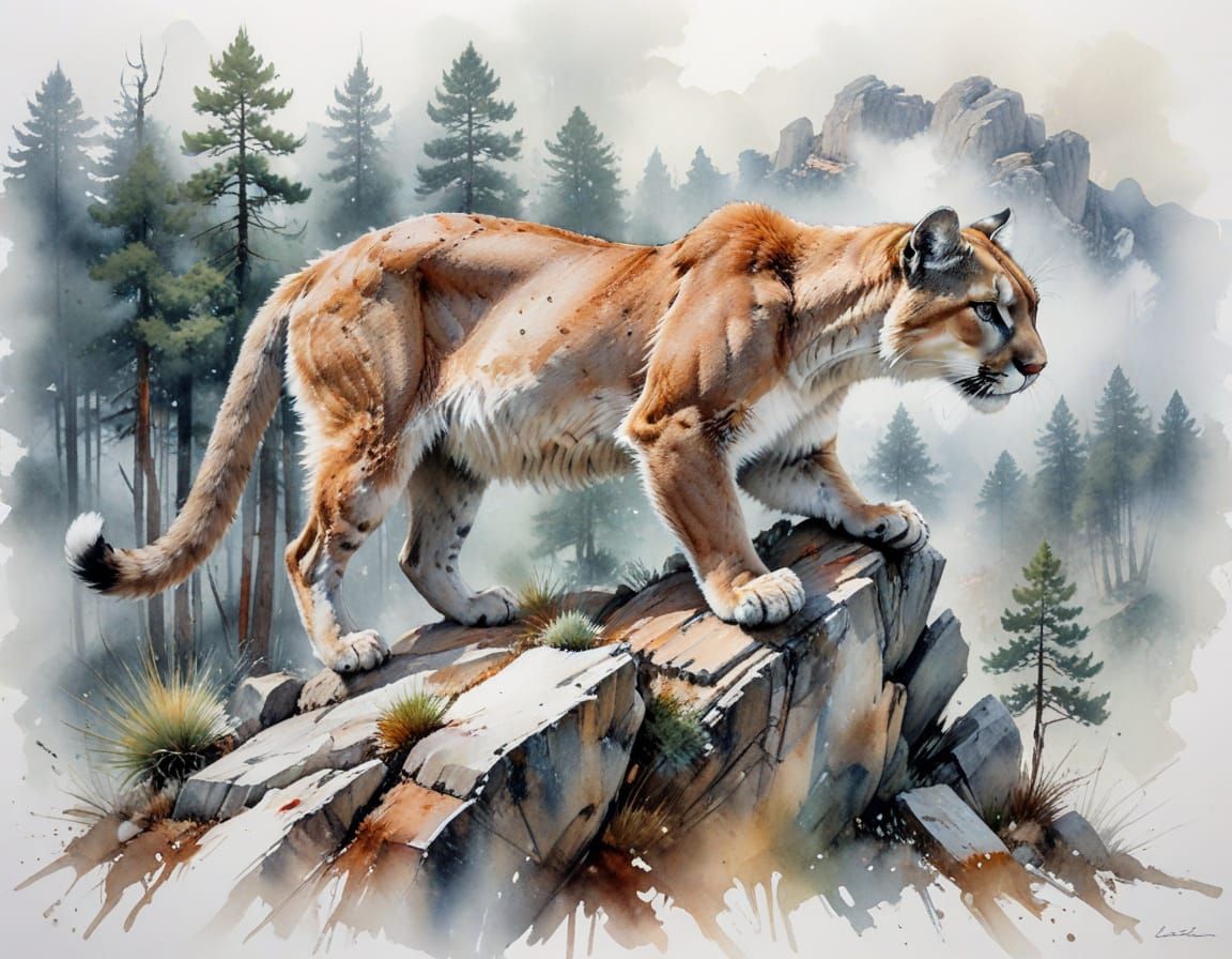Cougar on Rocky Ledge Overlooking Misty Pine Valley