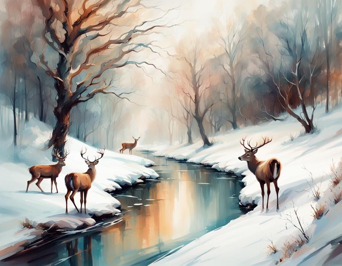 Winter River Scene with Deer, Mixed Media Style