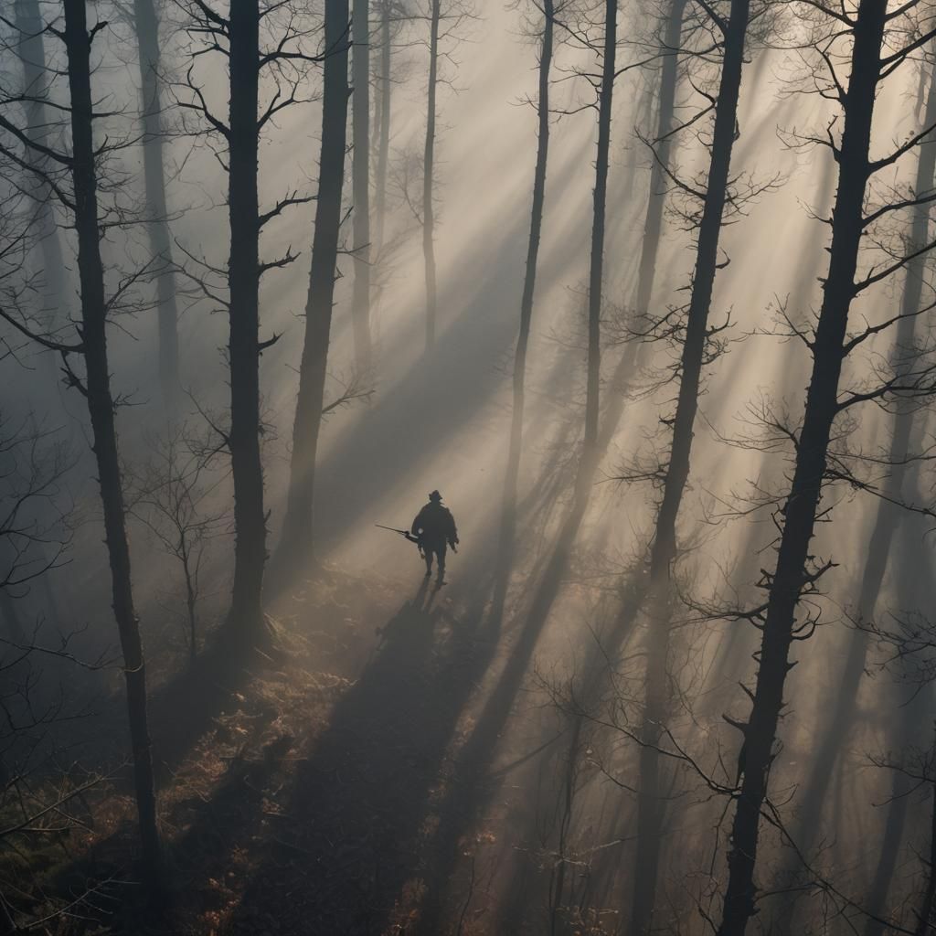 Hunter Silhouette in Foggy Forest with Hard Shadows
